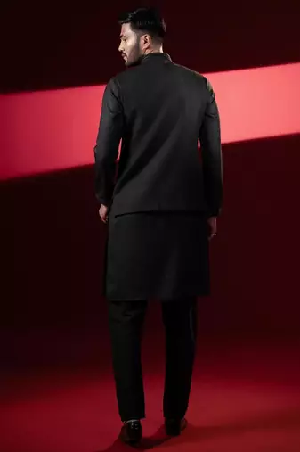 Black cotton pintux jacket kurta set