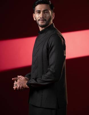 Black cotton pintux jacket kurta set 5