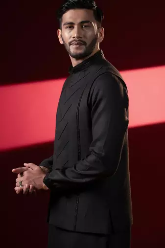 Black cotton pintux jacket kurta set