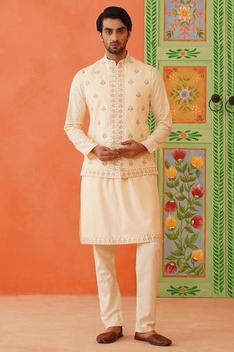 Cream cotton floral embroidery jacket kurta set