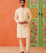Cream cotton floral embroidery jacket kurta set
