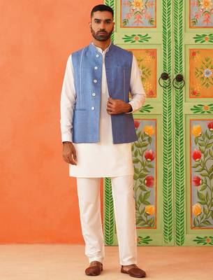 Blue cotton linen jacket kurta set 1