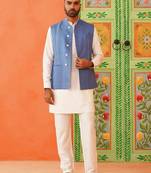Blue cotton linen jacket kurta set