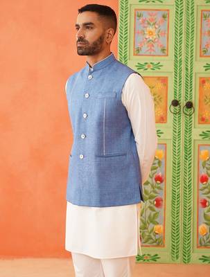 Blue cotton linen jacket kurta set 2