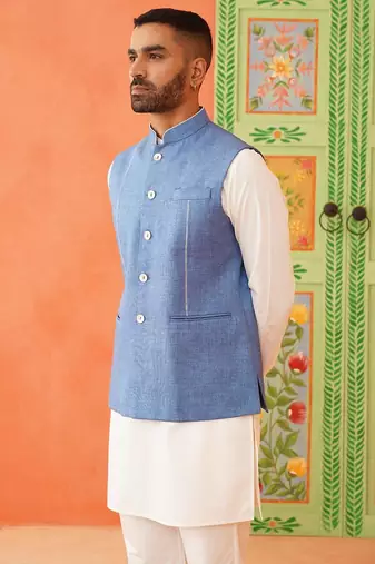 Blue cotton linen jacket kurta set