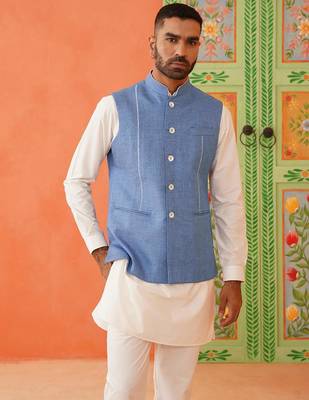 Blue cotton linen jacket kurta set 3