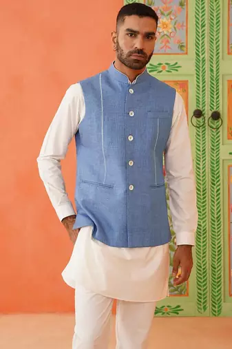 Blue cotton linen jacket kurta set