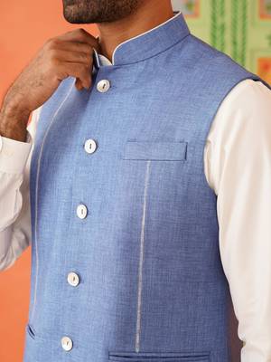 Blue cotton linen jacket kurta set 4