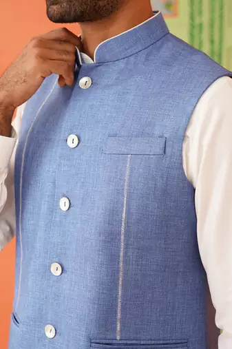 Blue cotton linen jacket kurta set
