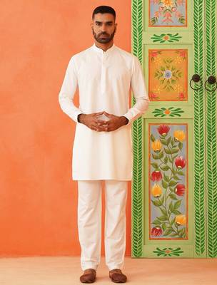 Blue cotton linen jacket kurta set 5