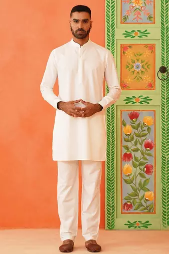 Blue cotton linen jacket kurta set