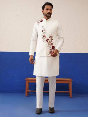 Tanzeel khan in white cotton embroidered jacket kurta set 1