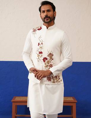Tanzeel khan in white cotton embroidered jacket kurta set 3