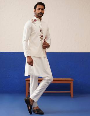 Tanzeel khan in white cotton embroidered jacket kurta set 5