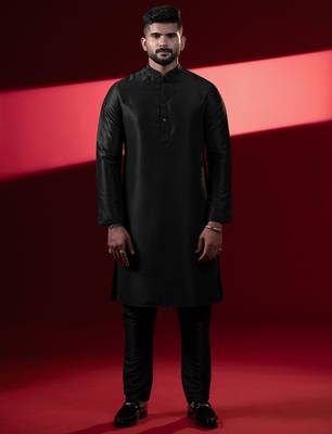 Black silk embroidered jacket kurta set 1