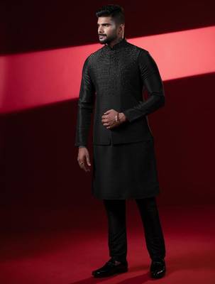 Black silk embroidered jacket kurta set 2