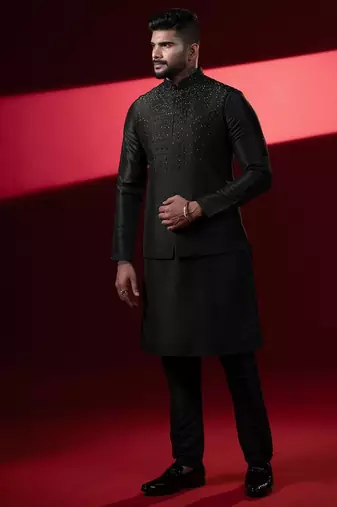 Black silk embroidered jacket kurta set