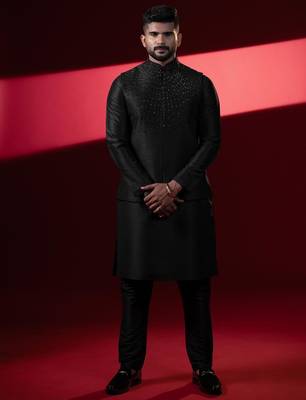 Black silk embroidered jacket kurta set 3