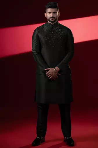 Black silk embroidered jacket kurta set