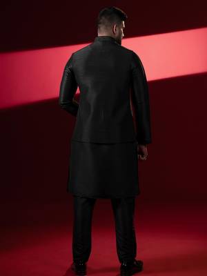 Black silk embroidered jacket kurta set 4