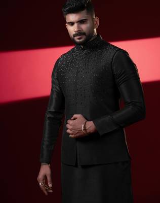 Black silk embroidered jacket kurta set 5