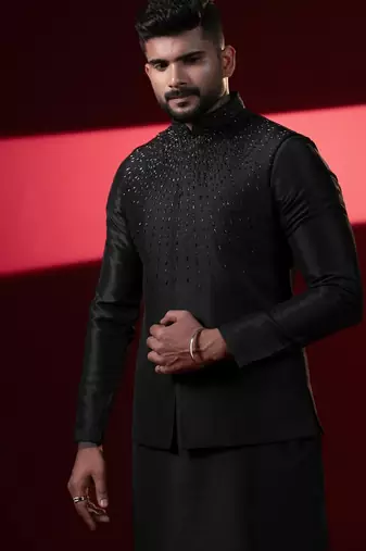 Black silk embroidered jacket kurta set