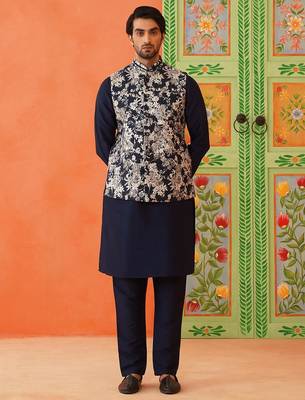 Navy grey jacquard jacket kurta set 1