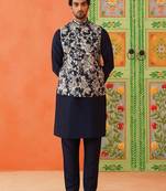 Navy grey jacquard jacket kurta set