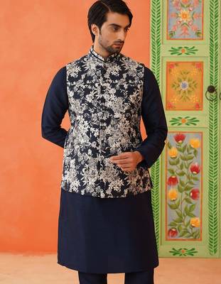 Navy grey jacquard jacket kurta set 2
