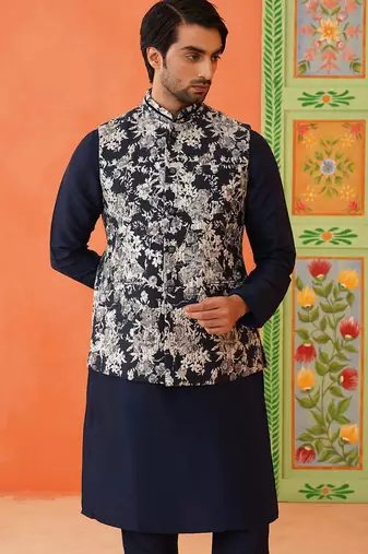 Navy grey jacquard jacket kurta set