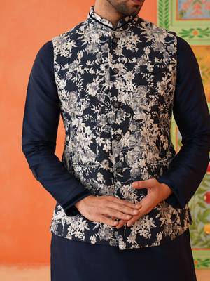 Navy grey jacquard jacket kurta set 3