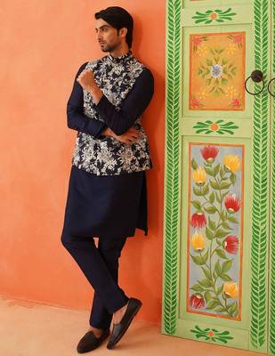 Navy grey jacquard jacket kurta set 4