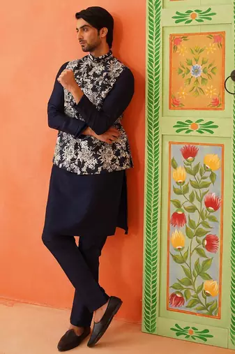 Navy grey jacquard jacket kurta set