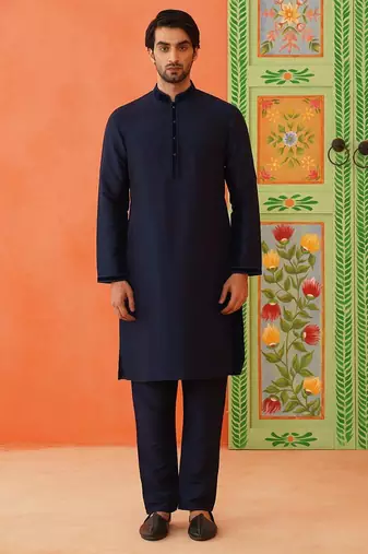 Navy grey jacquard jacket kurta set