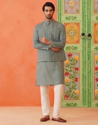 Grey bandhani print ceremonial jacket kurta set 1