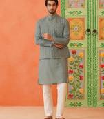 Grey bandhani print ceremonial jacket kurta set