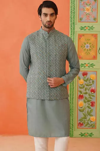 Grey bandhani print ceremonial jacket kurta set