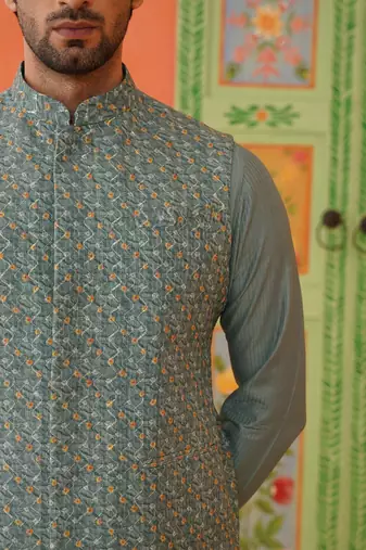 Grey bandhani print ceremonial jacket kurta set