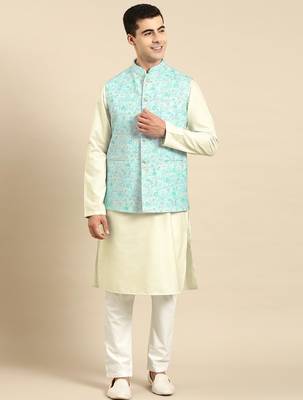 Light pastel blue linen jacket with kurta set 1