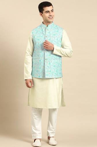 Light pastel blue linen jacket with kurta set