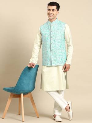 Light pastel blue linen jacket with kurta set 5