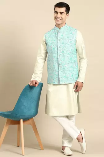 Light pastel blue linen jacket with kurta set