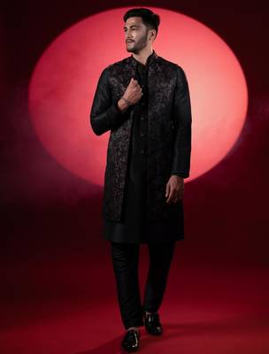 Wine black embroidered long jacket kurta set 1