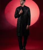 Wine black embroidered long jacket kurta set