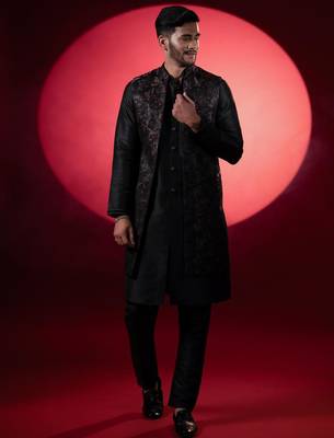 Wine black embroidered long jacket kurta set 2