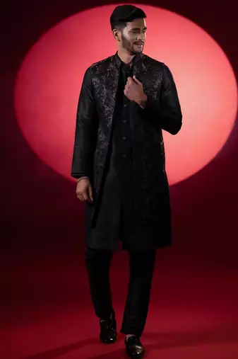 Wine black embroidered long jacket kurta set