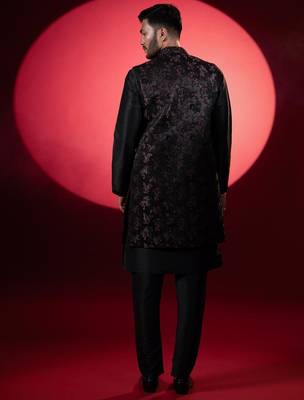 Wine black embroidered long jacket kurta set 3