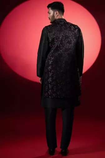 Wine black embroidered long jacket kurta set