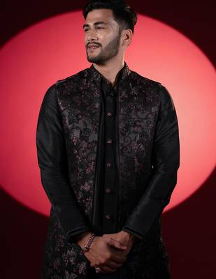 Wine black embroidered long jacket kurta set 4