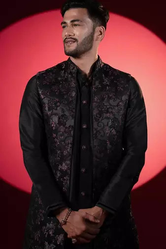 Wine black embroidered long jacket kurta set